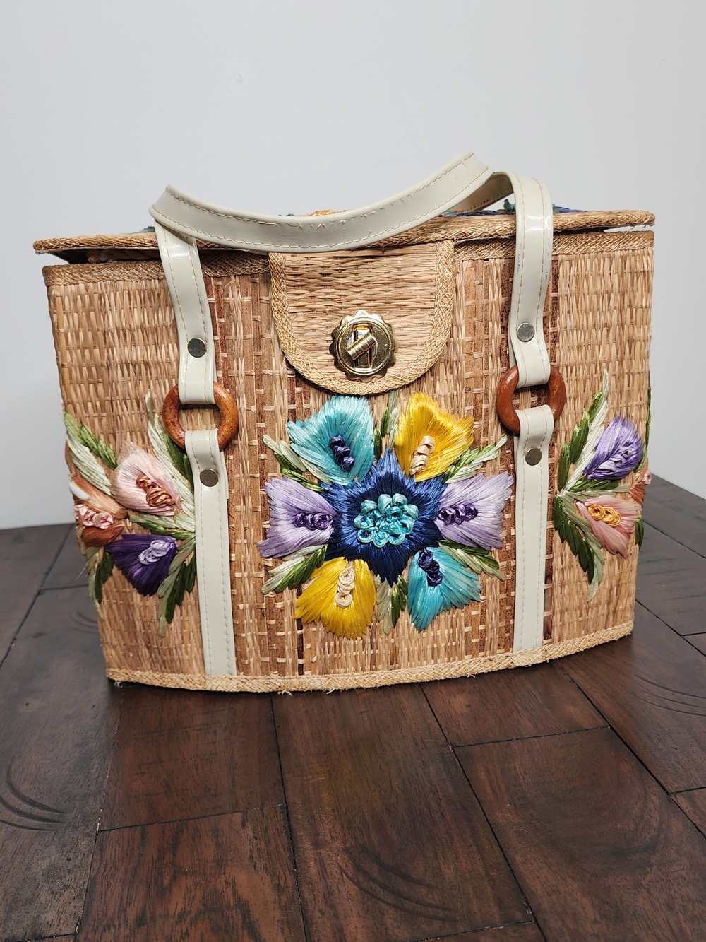 Vtg. 70's Bags By Whidby Handwoven Raffia Straw Tote Multicolor Floral Beachy